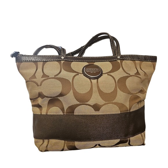 Coach Signature Canvas Brown Leather Trim Tote Bag F14773 Authentic  Handbag - Picture 1 of 11